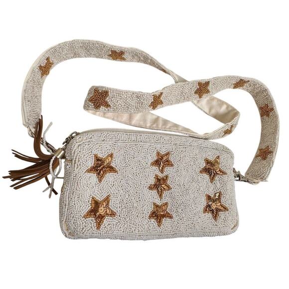 Beaded White Gold Star Crossbody Handbag Purse Rockstar Removeable Strap Bridal - Picture 1 of 16